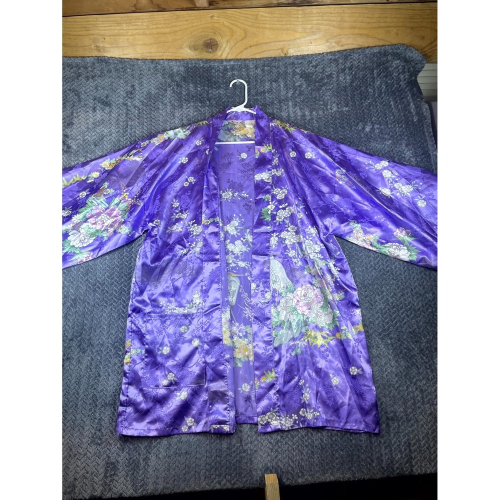 Vintage Marukyo Kyoto Tokyo Japanese Kimono Women Purple Floral Crane Satin